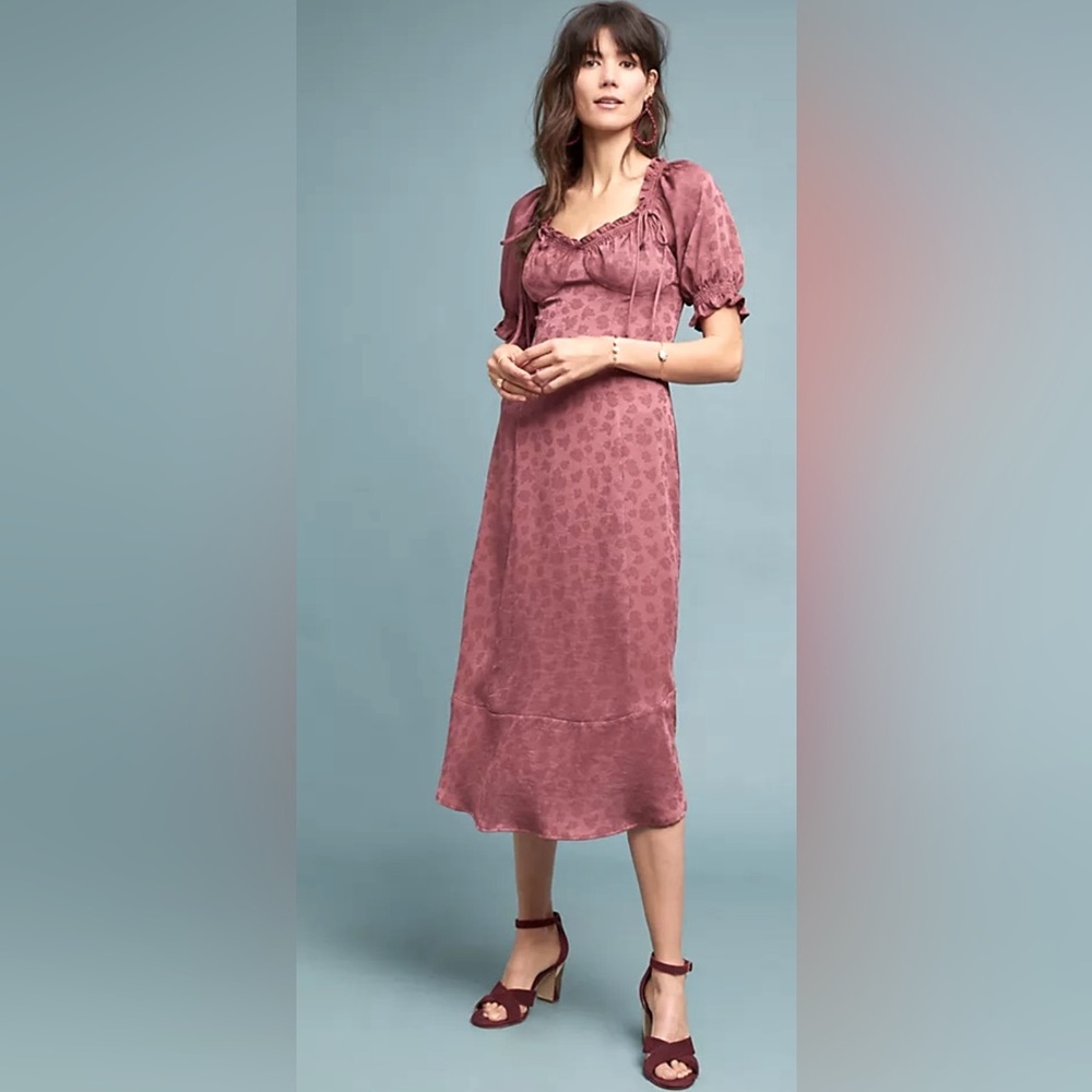Anthropologie | Current Air Puff Sleeve Mariah Satin Midi Prairie Dress ZB1